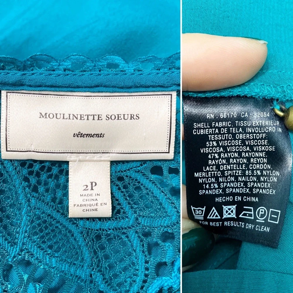 anthro | moulinette soeurs lace cloaked emerald green blouse 2 petite